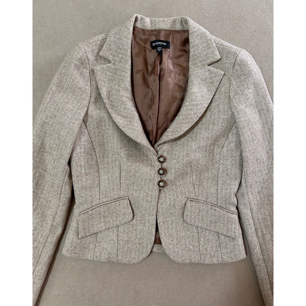 Vintage Bebe Tan Wool Blend Blazer Jacket Herringbone Women’s 6 Y2K Preppy - Picture 3 of 7